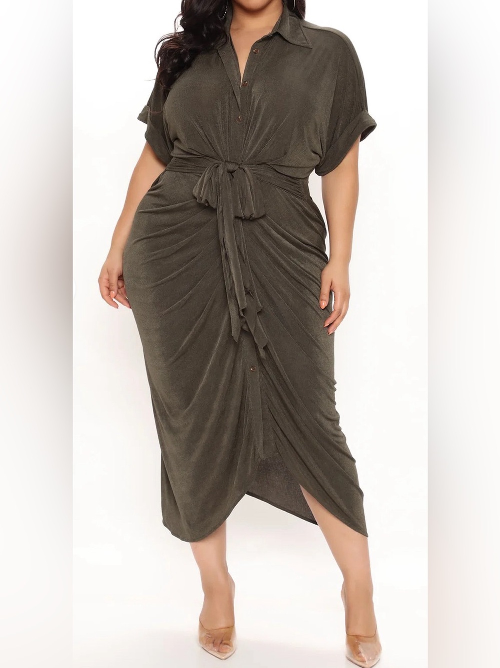 Fashion Nova Olive Tie-Front slinky midi dress